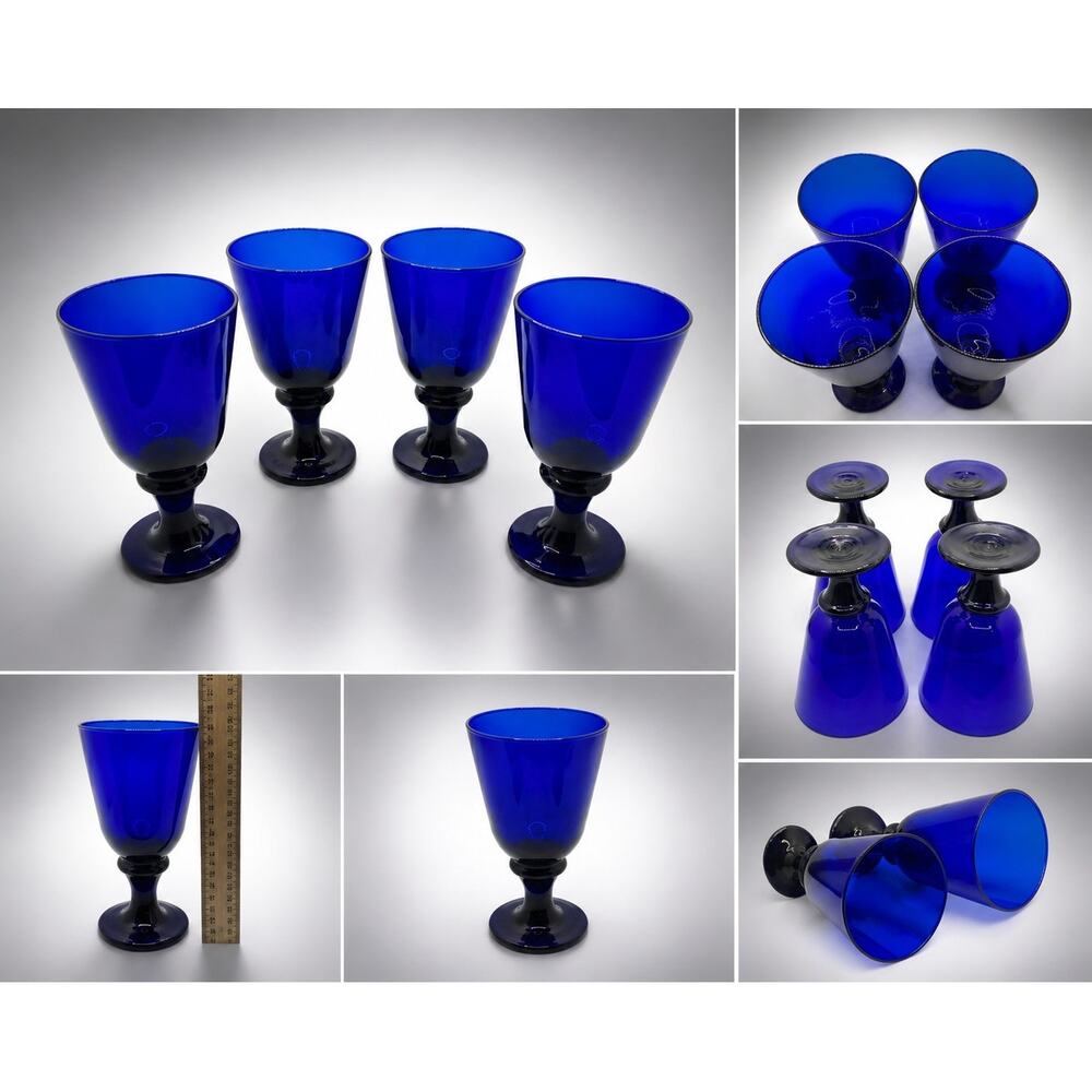 Vintage Libbey Cobalt Blue Goblets Set of 4 Hand Blown Glass Wine Water Glasses